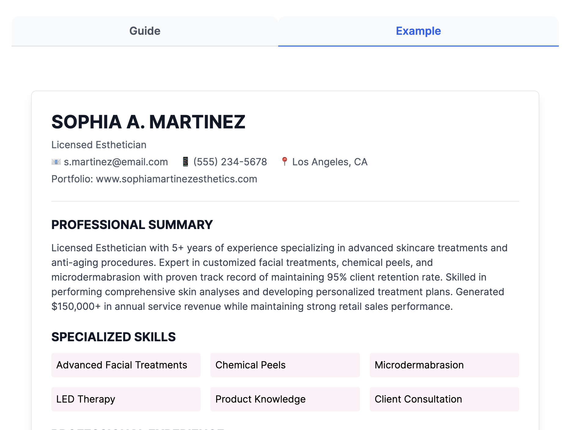 Esthetician Resume Example - No payment or signing up required, get the FREE downloadable sample of an esthetician resume to inspire you to land that job, complete with explanation.