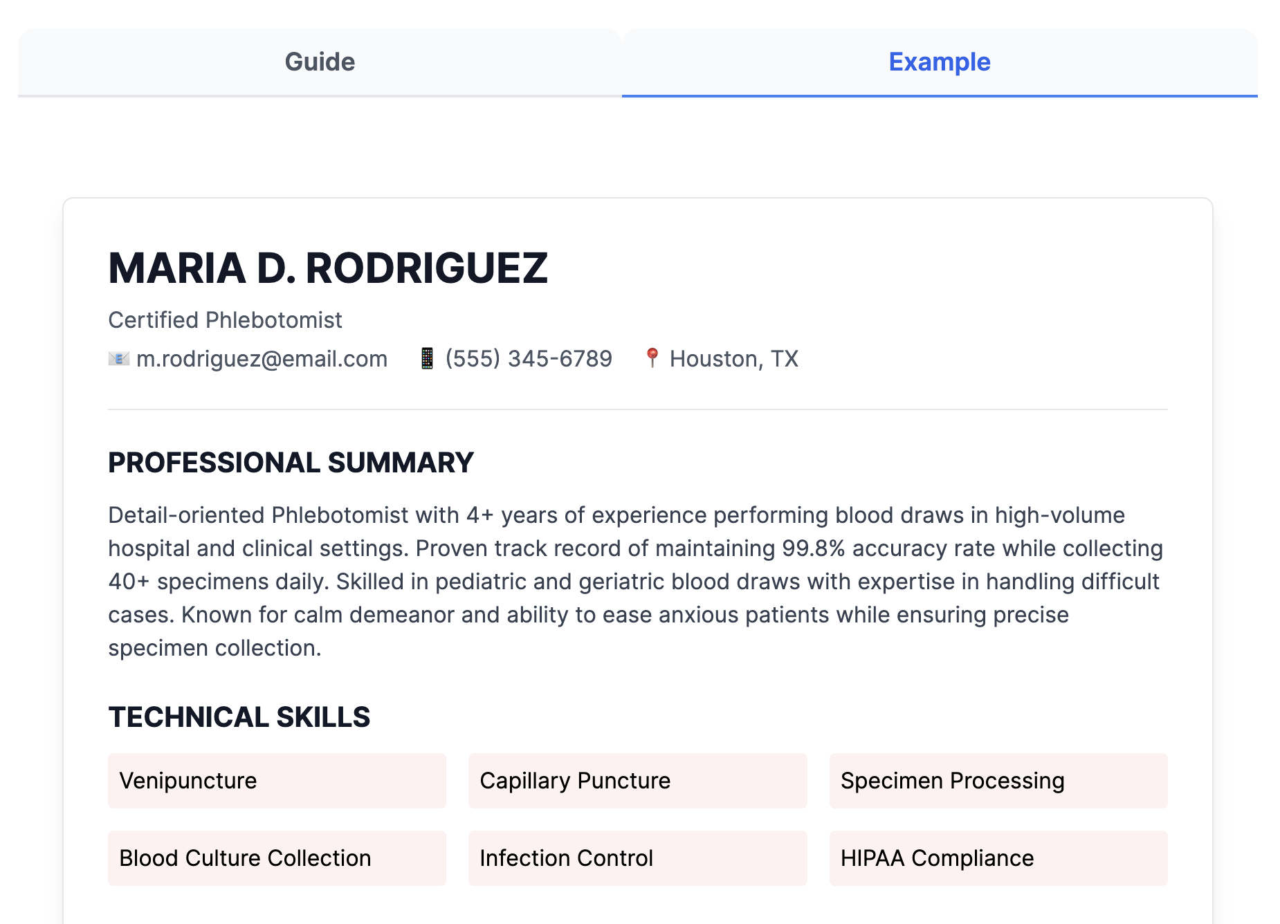 Phlebotomist Resume Example - No payment or signing up required, get the FREE downloadable sample of a phlebotomist resume to inspire you to land that job, complete with explanation.
