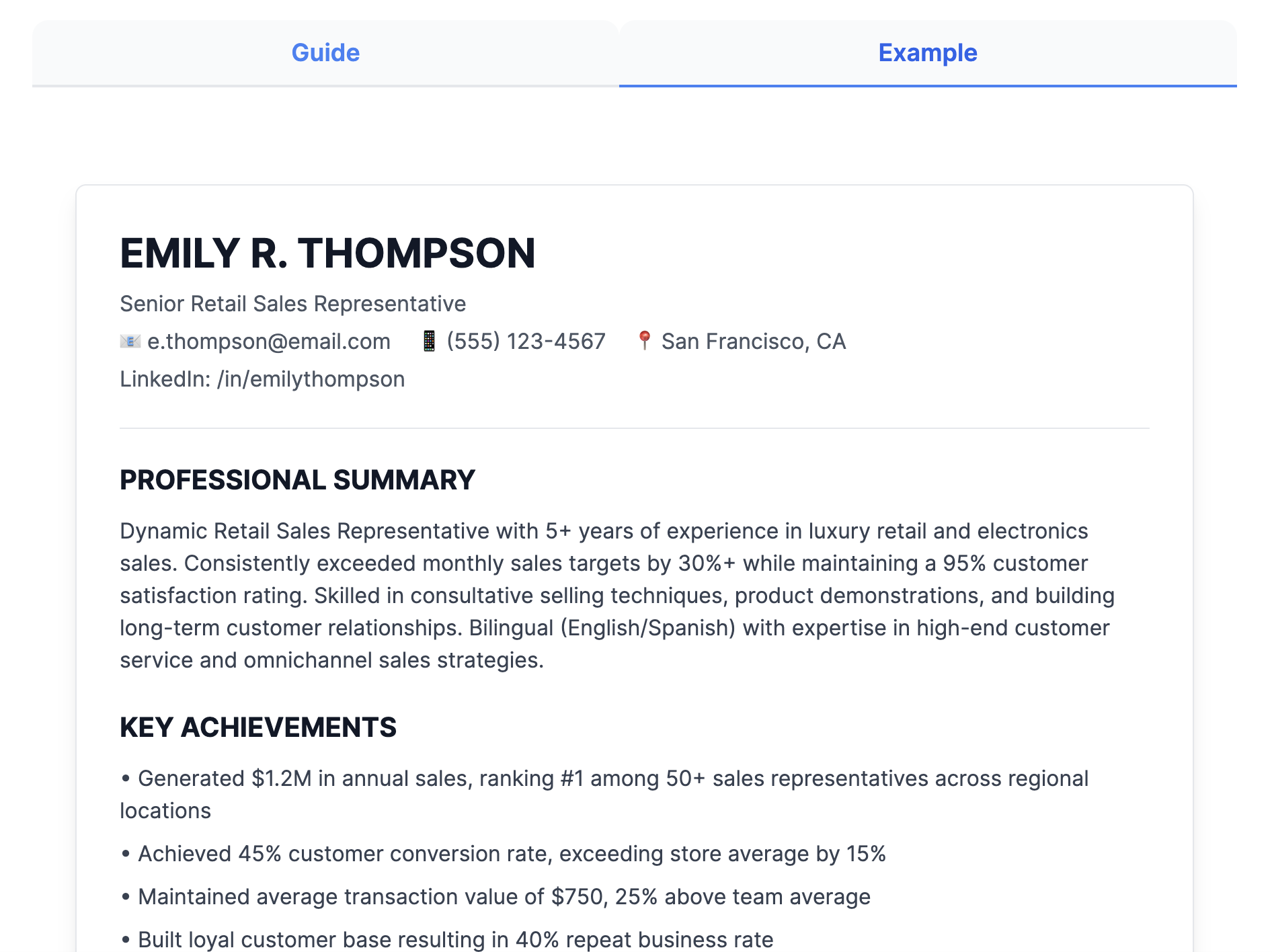 Retail Sales Representative Resume Example - No payment or signing up required, get the FREE downloadable sample of a retail sales reps resume to inspire you to land that job, complete with the explanation.